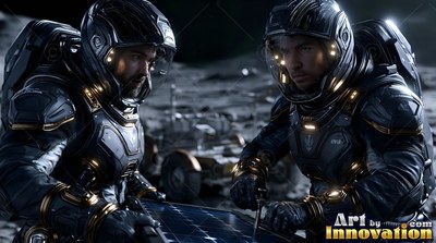 Two astronauts examine a solar panel together under harsh white sunlight