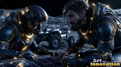 Crouching close on the moon, two astronauts in dark suits work on solar panels