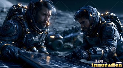 Two astronauts in dark spacesuits work on a solar panel on the gray lunar ground