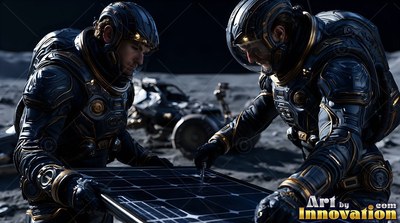 On the gray lunar surface, two astronauts in dark suits work on a solar panel