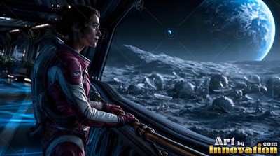 Looking out a window, an astronaut in a maroon suit watches Earth over the gray lunar base