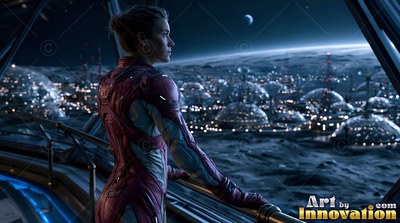 A person in a red spacesuit overlooks domed moon habitats