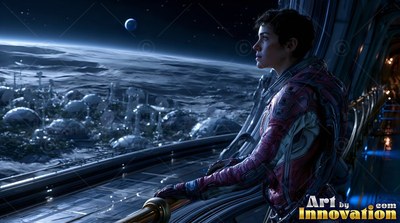 Short dark hair framing their face, an astronaut looks out a window over moon domes