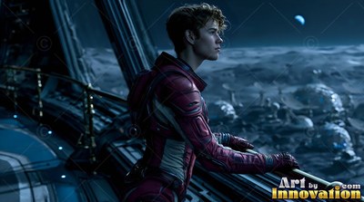 An astronaut in a red suit leans on a rail looking out at gray moon dust in blue light