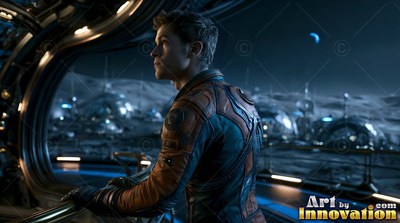Inside an arched lunar bay, an astronaut in a dark suit looks out toward distant domes