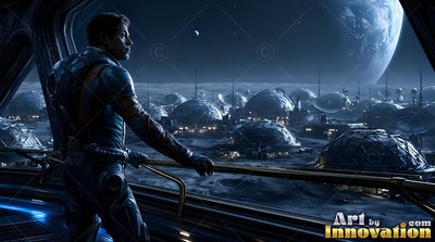 Looking through a window, an astronaut watches lunar settlement domes under Earth