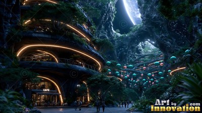 An outpost on the moon cave city with warm lights and lush trees