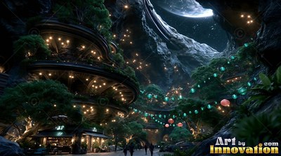 A terraced lunar settlement curves up a dark crater wall under warm yellow lanterns