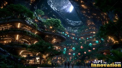 Standing with backs turned in a cavernous moon base filled with green trees