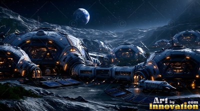 Connected domes with warm lights sit on moon dust below a blue Earth