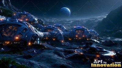 On a dark lunar hillside, round habitats sit beneath a blue Earth