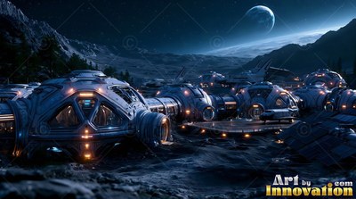 Sitting in gray crater dust , a lunar base of round habitats shines with warm lights under a blue Earth