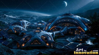 Blue domed lunar habitats under a crescent planet in a dark sky