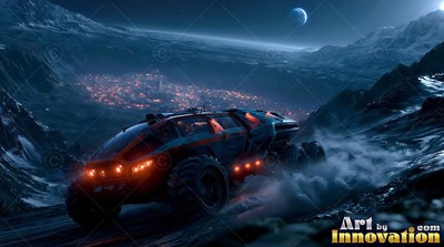 Bright orange lights line a heavy rover driving down a dark moon crater toward a city