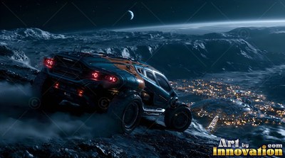 A rugged rover drives down a lunar ridge toward warm city lights below