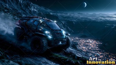 Angled down a rocky ridge, a dark rover drives toward a lit lunar city