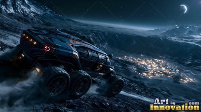 A dark rover kicks up gray dust driving along a ridge above a lit base