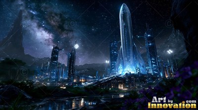 In a blue spaceport city at night, a silver rocket stands on a launch pad under the stars