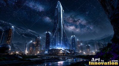 Standing on a dark launch pad, a tall silver rocket rises over a lit lunar base