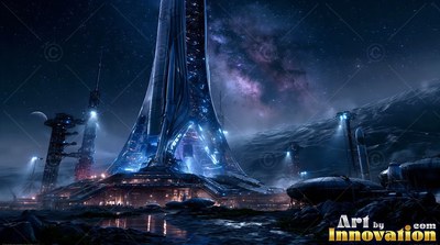 Tall moon base tower shining blue under a starry sky