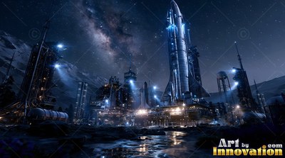 Blue lights shine on tall silver rockets at a busy dark launch base under the stars