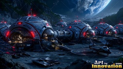Connected lunar domes rest on dark rocky ground with red lights shining in the shadows