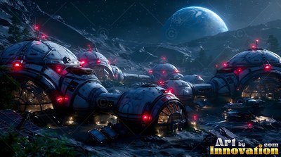 Facing outward on a dark crater slope, rounded lunar settlement pods shine with red lights
