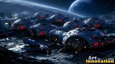 White round habitat pods with red lights connect together across dark gray moon dust
