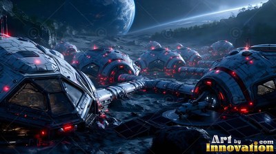 On a rocky crater, connected habitat pods sit with red lights under the blue Earth