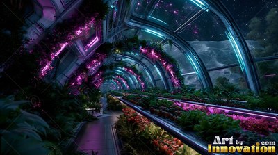Curving along a glass greenhouse tunnel, pink lights shine over green crops on moon soil