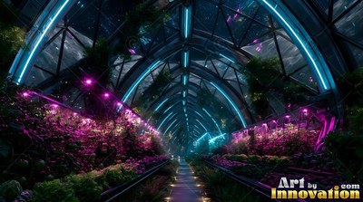 A greenhouse dome hallway full of plants lit in blue and purple