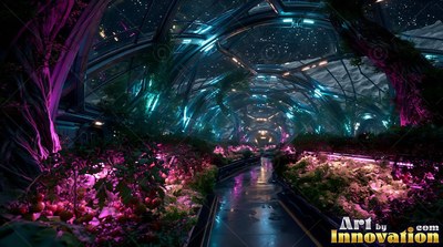 Pink grow lights shine over tomato plants lining a walkway in a greenhouse dome
