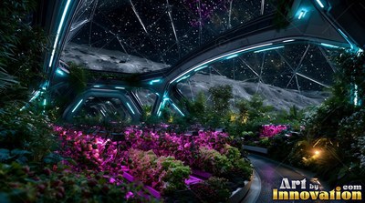 A greenhouse on the moon grows leafy crops under a glass ceiling lit by cool blue arches