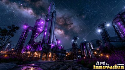Towering upward at a launch site, a tall rocket sits lit by purple lights under stars