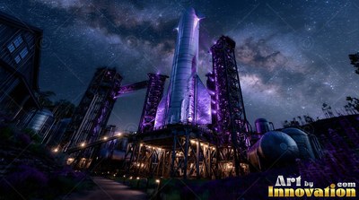 A tall silver spaceship stands on a dark launch pad lit with purple lights at night