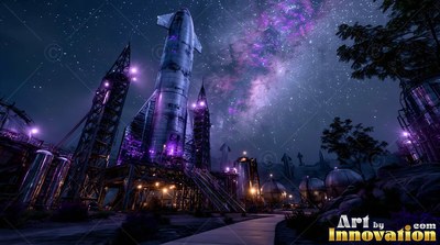 At a nighttime launch site, a silver rocket stands under a purple starry sky