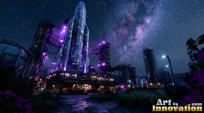 Standing on a dark launch pad, a tall rocket rests under a starry purple sky