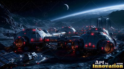 Base on the moon domes with red lights under Earth in the sky