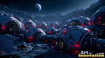 Red lights line curved white pods in a moon colony beneath a blue Earth in space