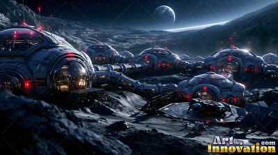 Round lunar base habitats connect across a dark crater, dotted with red indicator lights