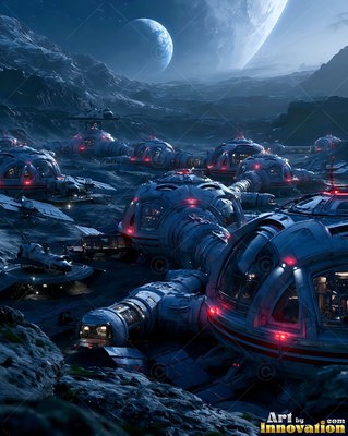 A cluster of blue lunar domes with red lights sits under a crescent moon