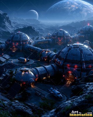 On a dark rocky landscape, a network of metal dome habitats sits beneath two moons