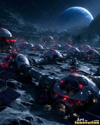 Sprawling across a dark lunar crater, connected habitat domes sit under Earth