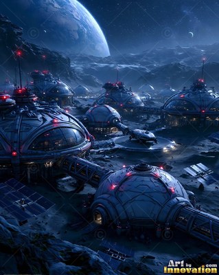 An outpost on the moon with round blue domes beneath a large Earth