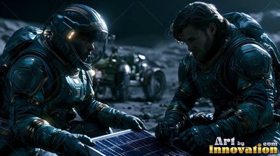 In heavy dark blue space suits, two astronauts examine a solar panel on lunar dust