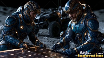Two astronauts in blue suits crouch to assemble solar panels under harsh lunar light