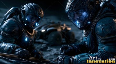 Leaning forward on the dark lunar dust, two astronauts in dark suits examine equipment