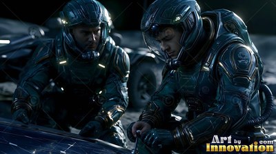 Two astronauts in dark green spacesuits kneel in the dim gray dust to work on equipment