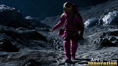 On the dark lunar surface, an astronaut in a purple spacesuit walks past domes