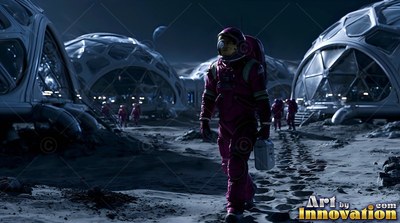 Walking through dark lunar dust, an astronaut in a maroon suit carries a silver box past white domes